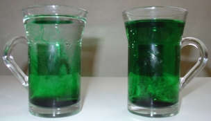 Heat is energy - the glass with the hot water mixes the coloring faster because the water molecules are moving around faster than the molecules in the cold water.